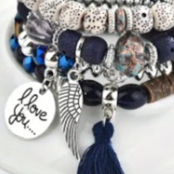 4 Pc Set Bohemian Style Creative Crystal Multilayer Stretching Bracelet Blue - Picture 2 of 2